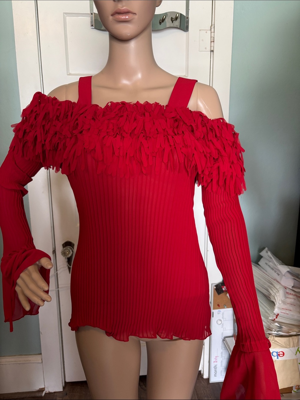 MKM Designs Red Cold Shoulder Fringe Detail Ribbed Top Size S